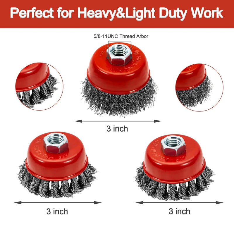 AUPREX 4 1/2" Angle Grinder Wire Wheel Set - 4 Inch & 3 Inch Knotted Coarse Crimped Wheels, Cup Brush with 5/8-11UNC Threaded Arbor - Image 3